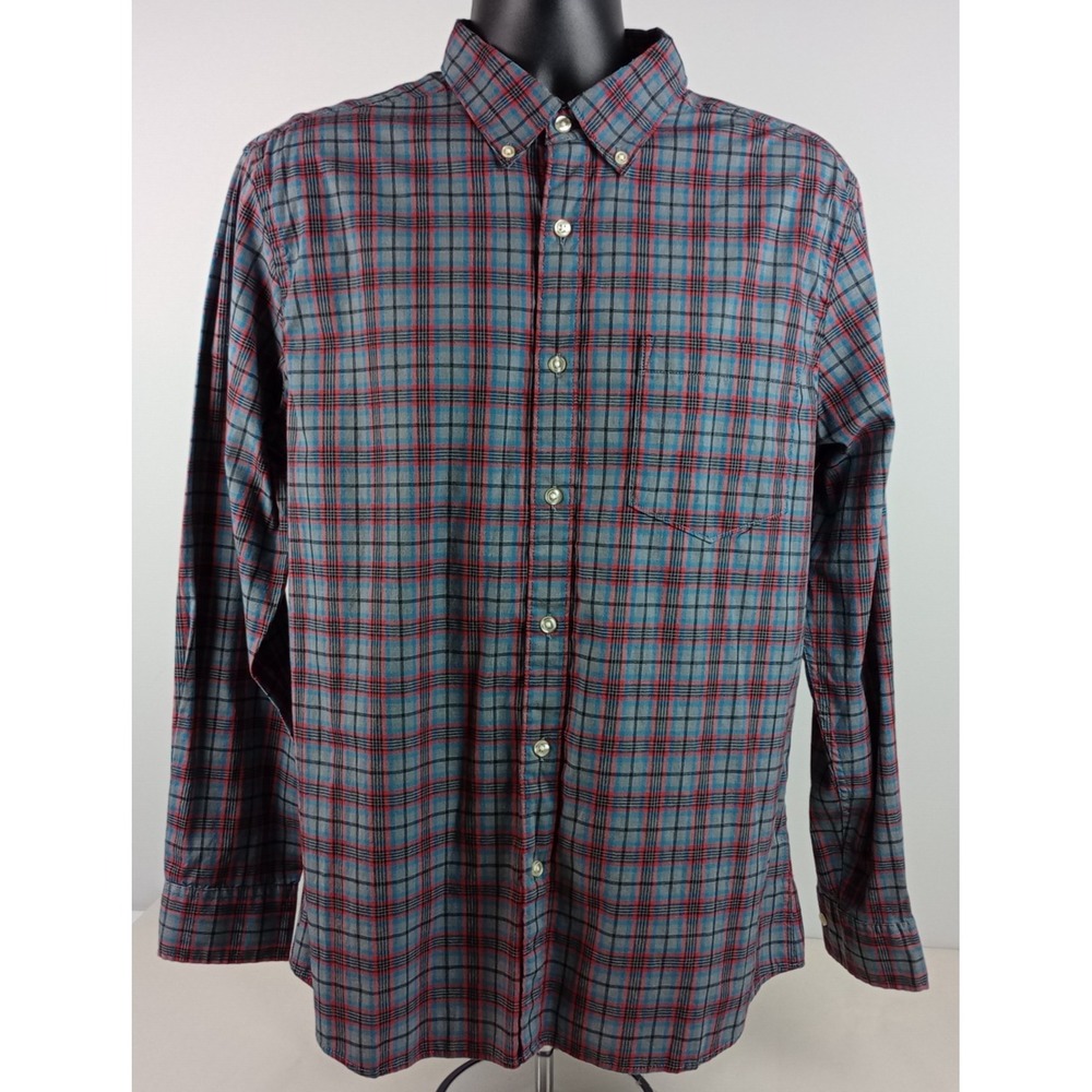 Sonoma Mens L Gray Red Blue Plaid Check Long Sleeve Button Collar Stretch Shirt